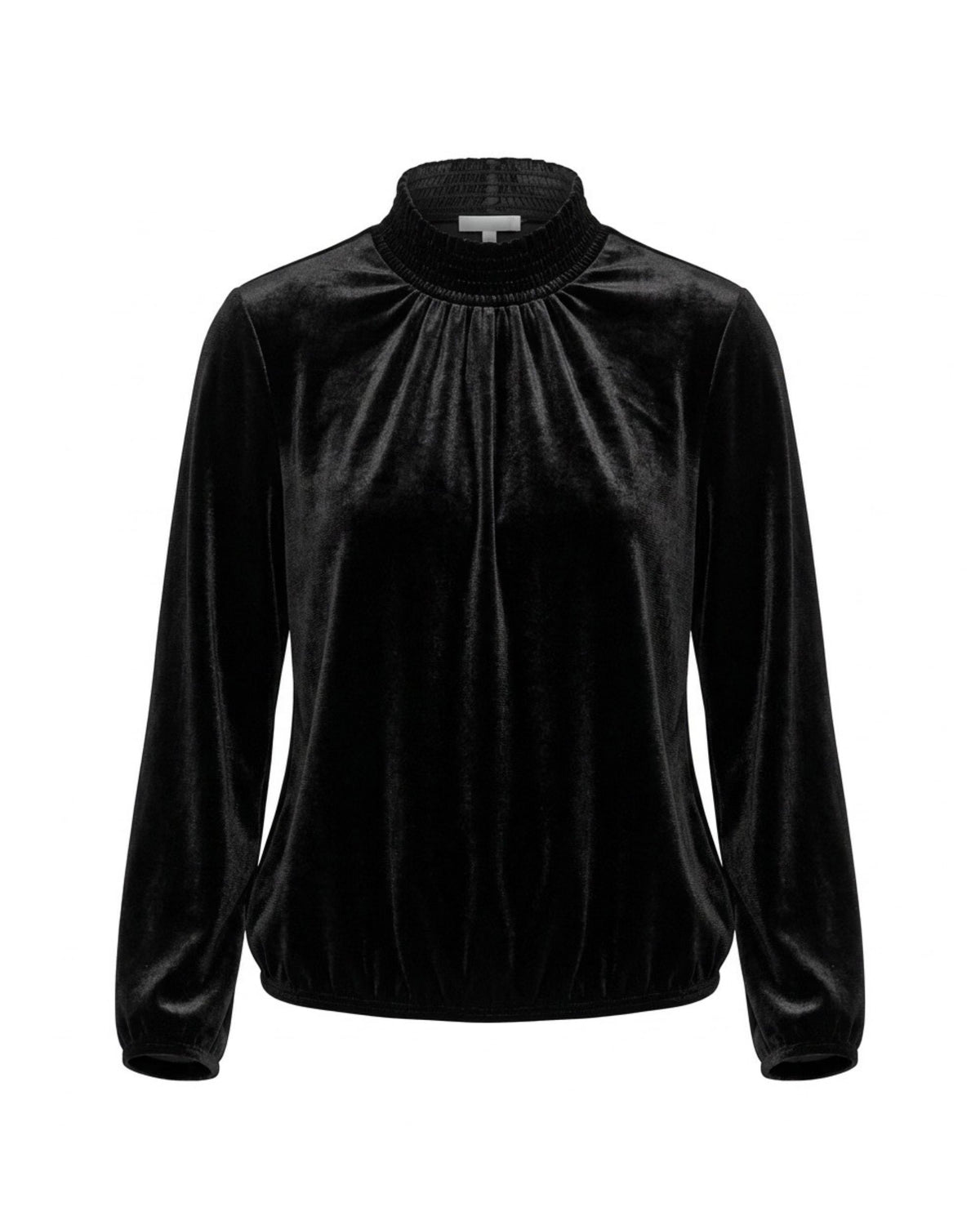 Sensia Fashion Alexia velvet koltop met gesmokte kraag, lange mouwen en elastiek bij de polsen en onderzijde, verkrijgbaar bij Marijke Mode.