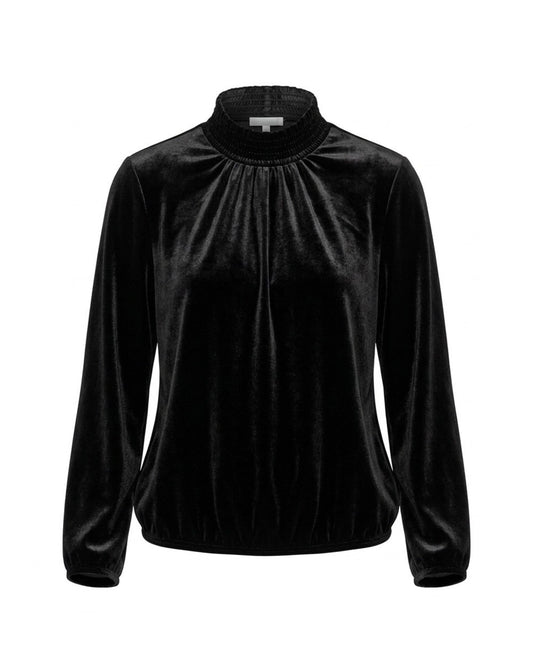 Sensia Fashion Alexia velvet koltop met gesmokte kraag, lange mouwen en elastiek bij de polsen en onderzijde, verkrijgbaar bij Marijke Mode.