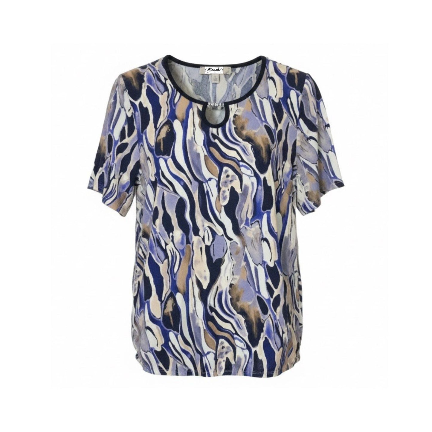 Sensia Fashion shirt met ronde hals, donkerblauwe bies en zilverkleurig kettinkje in kobalt blauw