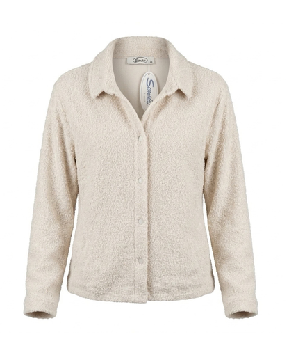 Bouclé vestjasje met kraag, parelmoer drukknopen en zakjes aan de voorkant, verkrijgbaar bij Marijke Mode