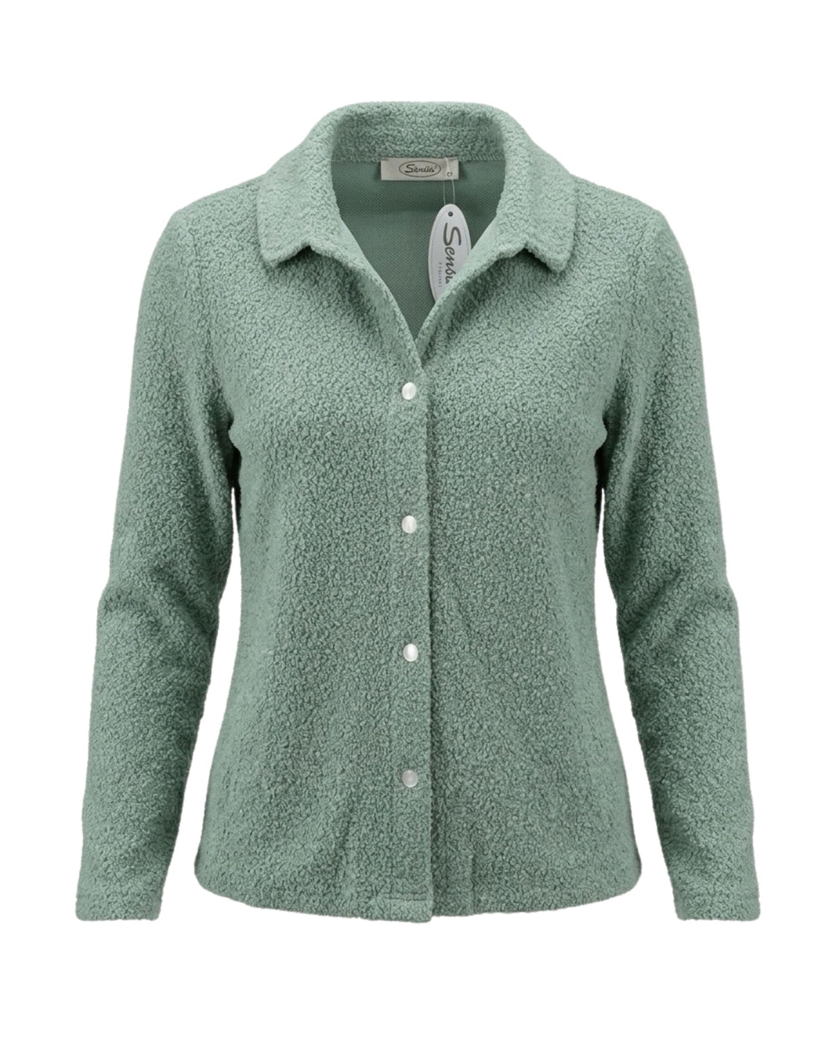 Bouclé vestjasje met kraag, parelmoer drukknopen en zakjes aan de voorkant, verkrijgbaar bij Marijke Mode