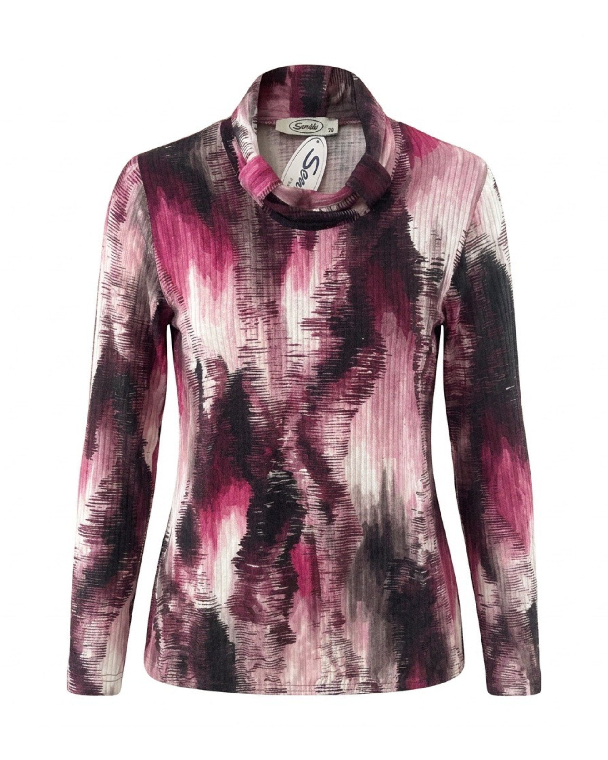 Sensia Fashion blousontrui Kiklie met lage col en roze dessin, verkrijgbaar bij Marijke Mode.