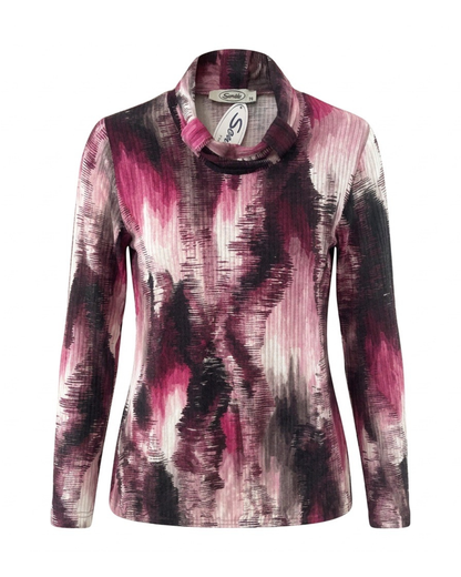 Sensia Fashion blousontrui Kiklie met lage col en roze dessin, verkrijgbaar bij Marijke Mode.