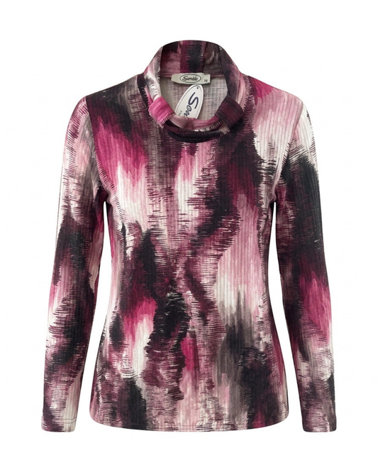 Sensia Fashion blousontrui Kiklie met lage col en roze dessin, verkrijgbaar bij Marijke Mode.