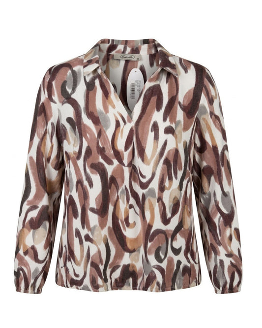 Sensia Fashion poloshirt Bobby met fleece feeling en beige-taupe dessin, verkrijgbaar bij Marijke Mode.