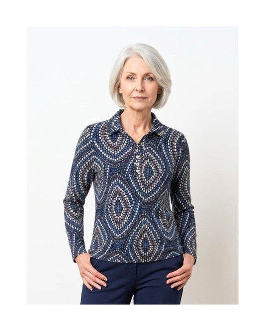 Sensia Fleece Poloshirt Stip Rafblauw Bruin