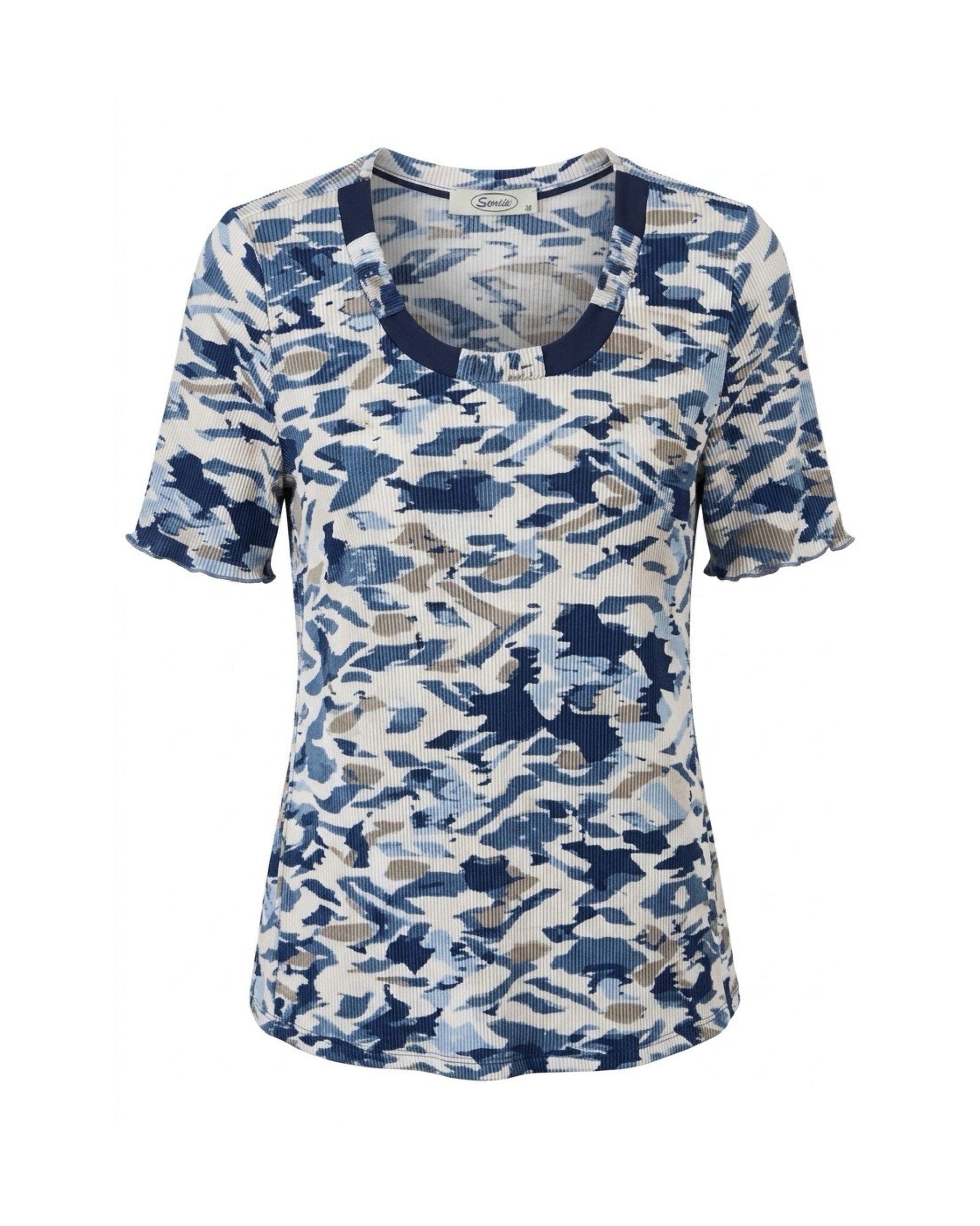 Sensia Plissé Shirt Blauw Beige sensia fashion verkocht door Marijke Mode