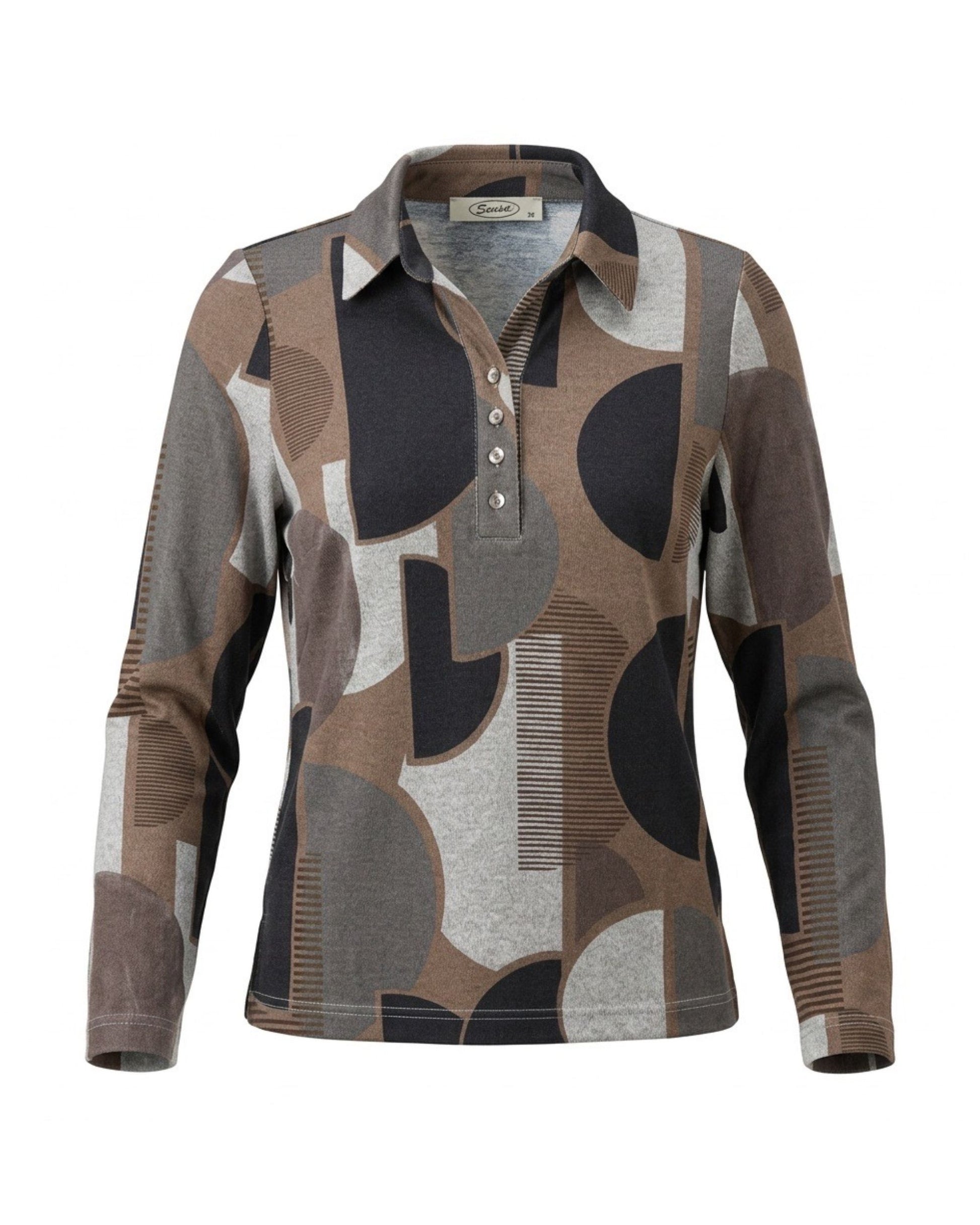 Sensia Fashion dames poloshirt met lange mouwen en camouflage  in taupe grijs bruin, verkrijgbaar bij Marijke Mode