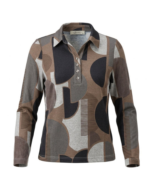 Sensia Fashion dames poloshirt met lange mouwen en camouflage  in taupe grijs bruin, verkrijgbaar bij Marijke Mode
