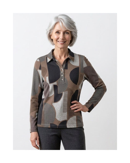Sensia Fashion dames poloshirt met lange mouwen en camouflage  in taupe grijs bruin, verkrijgbaar bij Marijke Mode