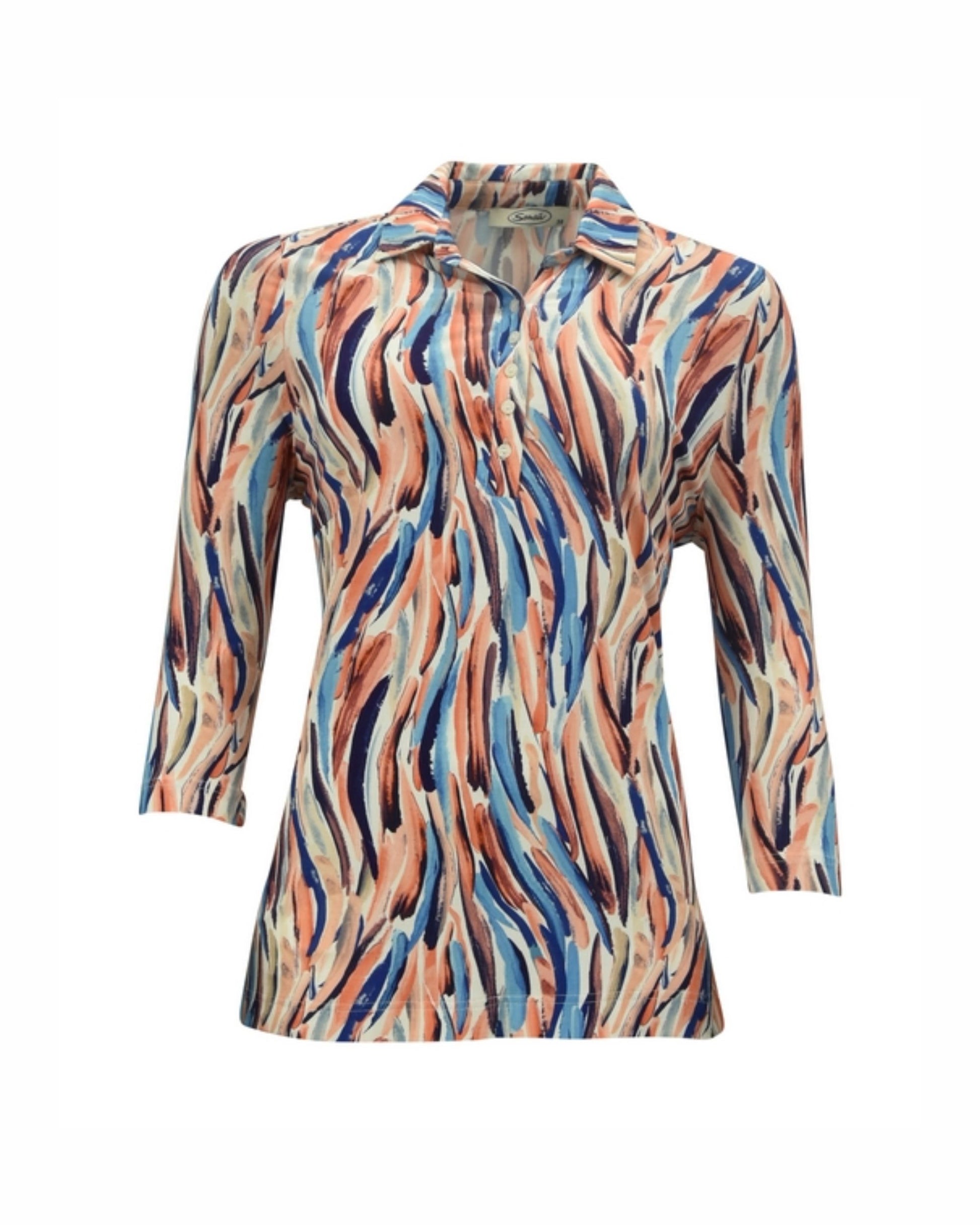 Sensia poloshirt met driekwart mouwen, polokraag en subtiel paars accent bij marijke mode