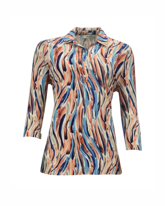 Sensia poloshirt met driekwart mouwen, polokraag en subtiel paars accent bij marijke mode