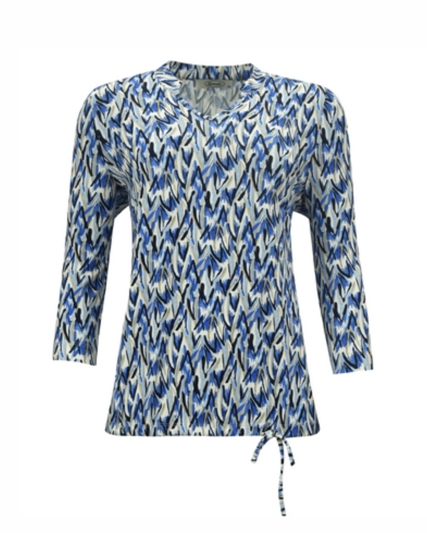 Shirt van Sensia Fashion met opstaand boordje, korte platte V-hals, 3/4 mouwen en veterdetail onderaan in kobaltblauw, zwart of beige