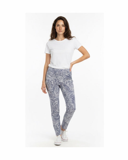 sensia fashion dames broek met stretch model patti kleuren wit en blauw recht toe lopend. verkocht door Marijke mode