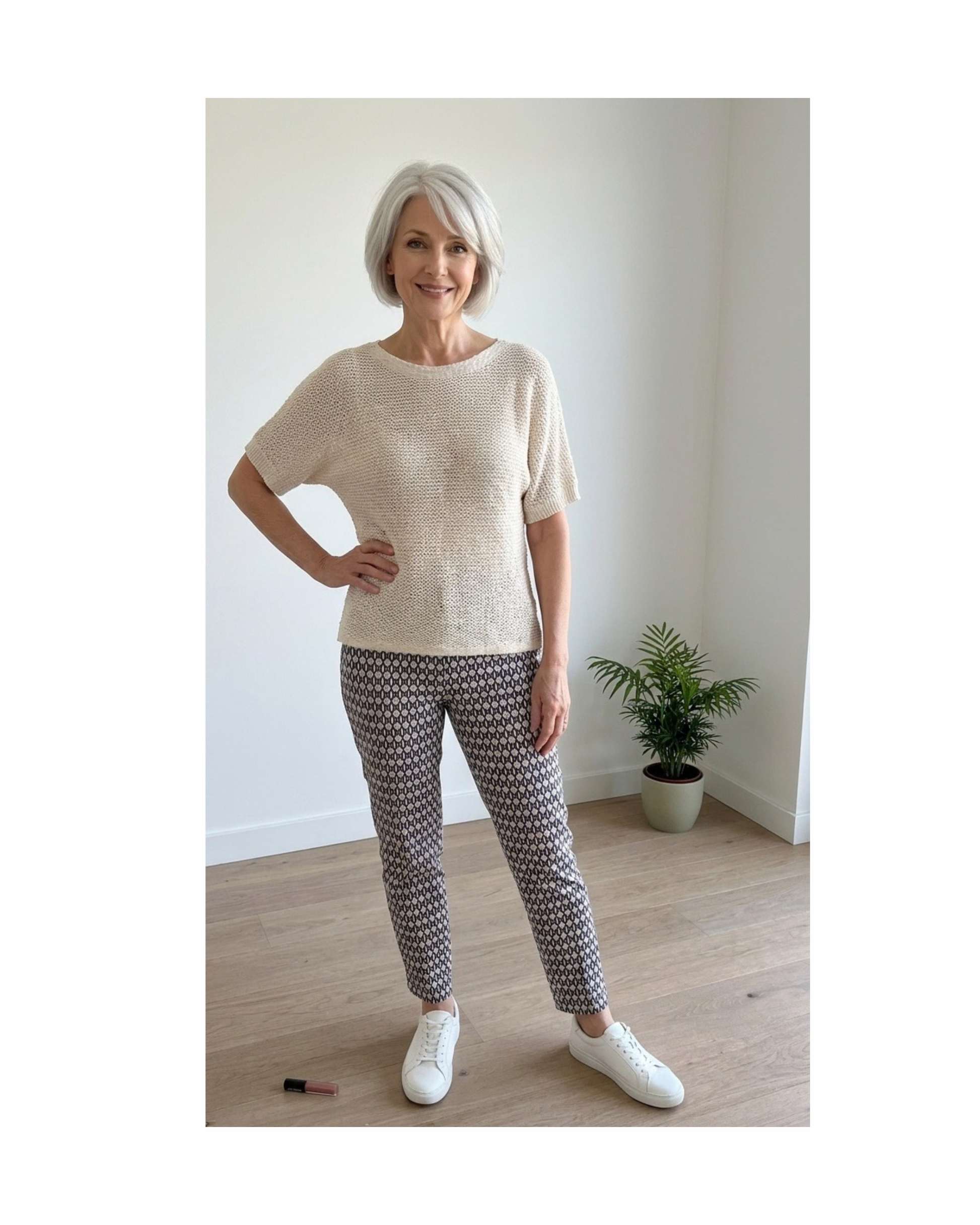 pantalon 7/8 merk sensia fashion ruit beige wit zwart verkocht door Marijke Mode