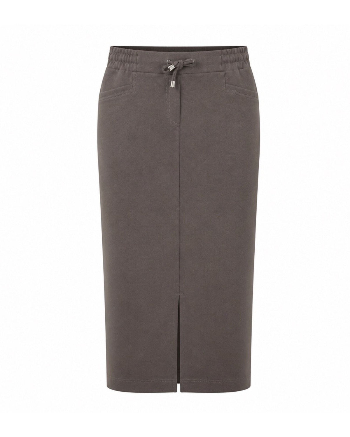 Lange damesrok Peggila van Sensia Fashion met elastische comfortband, steekzakken en loopsplit, verkocht door Marijke Mode.