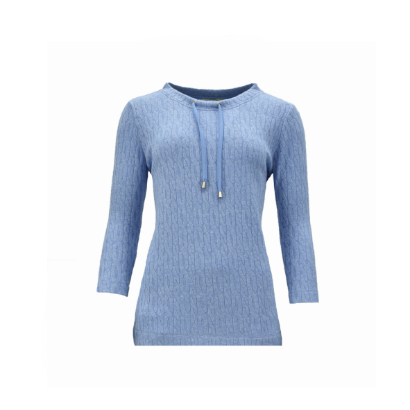sportieve trui met veter in de kleur blauw van het merk Sensia Fashion. Aangebode door marijke. trui met ronde hals