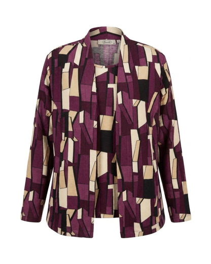 Sensia Fashion twinset Chantely met vest en shirt in een marine-zandkleurig fantasiedessin.