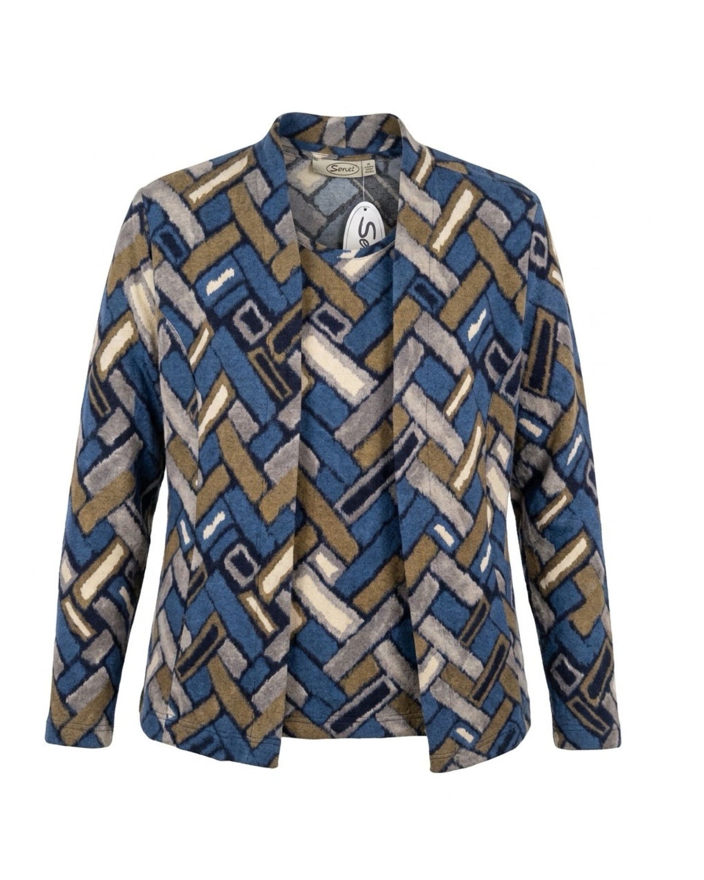 Sensia Fashion twinset Chantely in marine en zand met fantasieprint, bestaande uit een vest en shirt verkocht door marijkemode