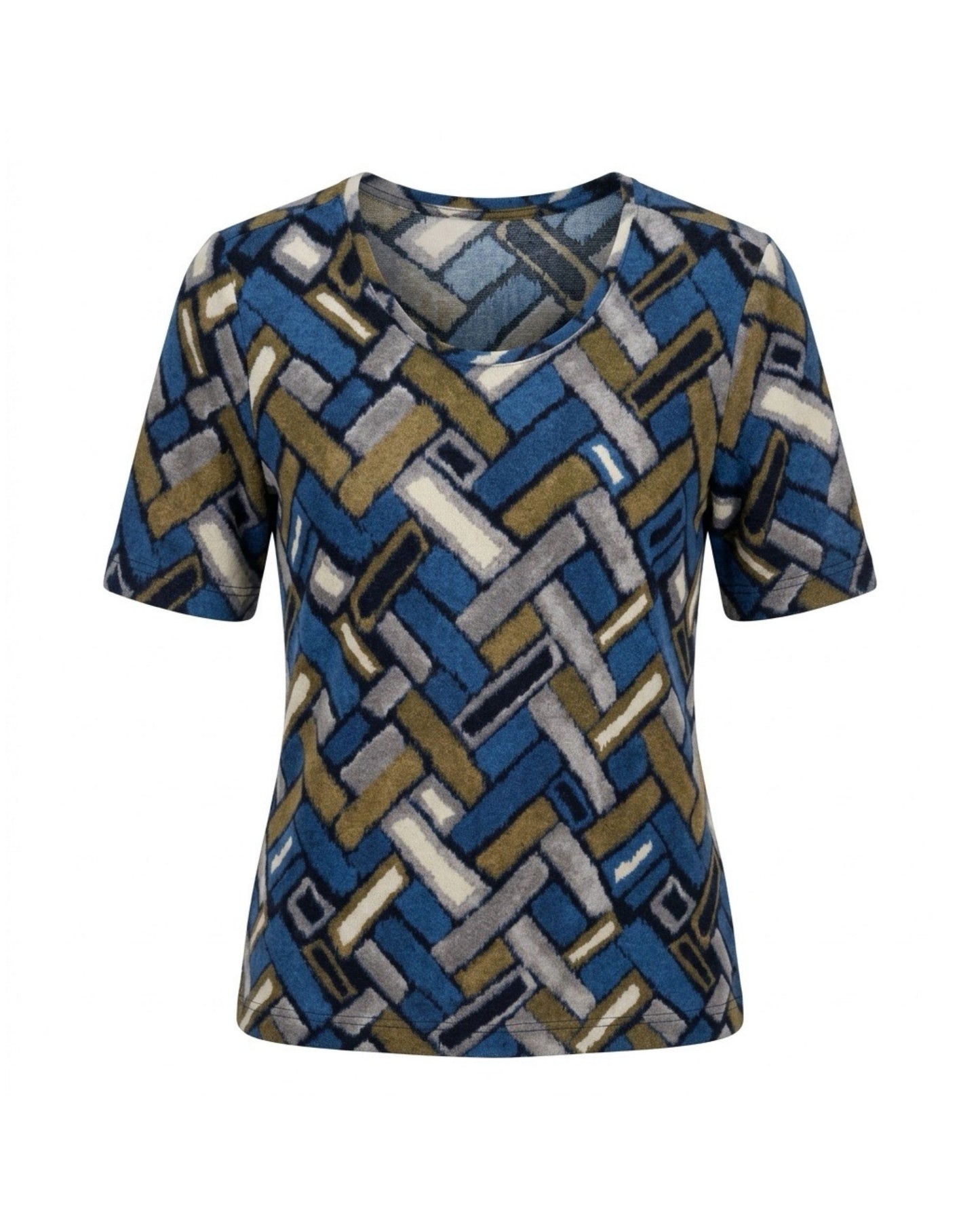 Sensia Fashion twinset Chantely in marine en zand met fantasieprint, bestaande uit een vest en shirt verkocht door marijkemode