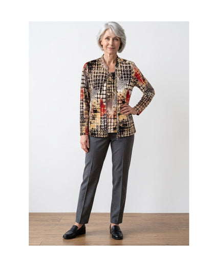 Sensia Fashion twinset met shirt en vest in bruin-beige dessin, verkrijgbaar bij Marijke Mode.