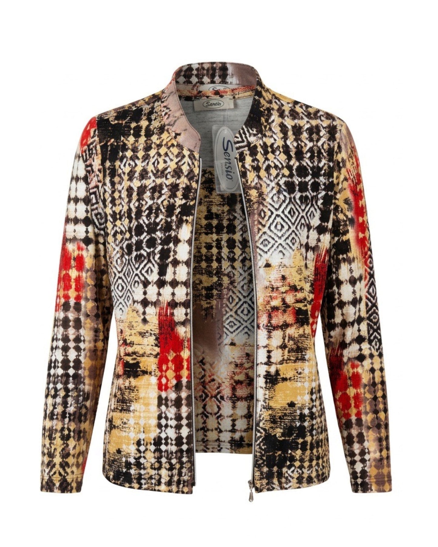 Sensia Fashion twinset met shirt en vest in bruin-beige dessin, verkrijgbaar bij Marijke Mode.