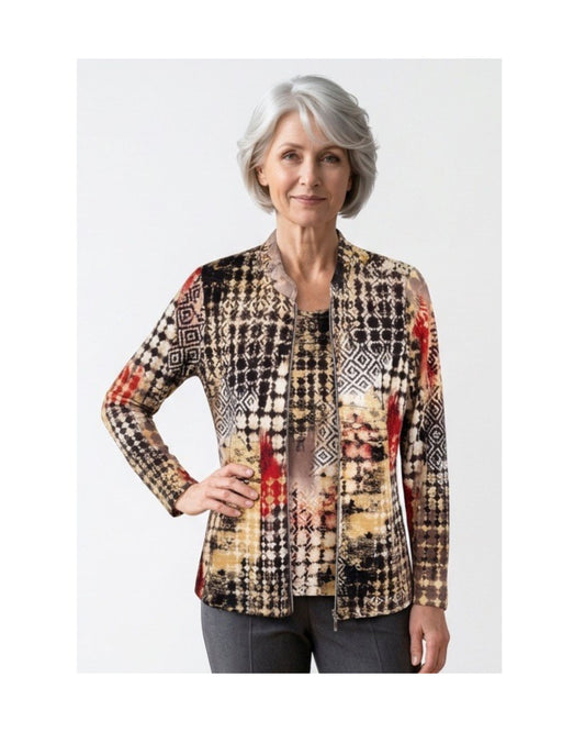 Sensia Fashion twinset met shirt en vest in bruin-beige dessin, verkrijgbaar bij Marijke Mode.