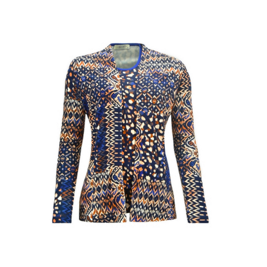 Sensia Fashion twinset Chately in najaarsdessin. Vest met zakken en shirt in kobaltblauw/terra. Comfortabele jersey kwaliteit. verkijgbaar bij Marijke Mode