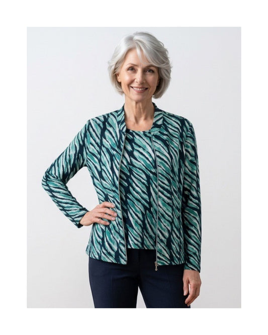 Sensia Fashion twinset met shirt en vest met rits in emeraldgroen en donkerblauw, verkrijgbaar bij Marijke Mode.
