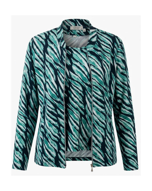 Sensia Fashion twinset met shirt en vest met rits in emeraldgroen en donkerblauw, verkrijgbaar bij Marijke Mode.
