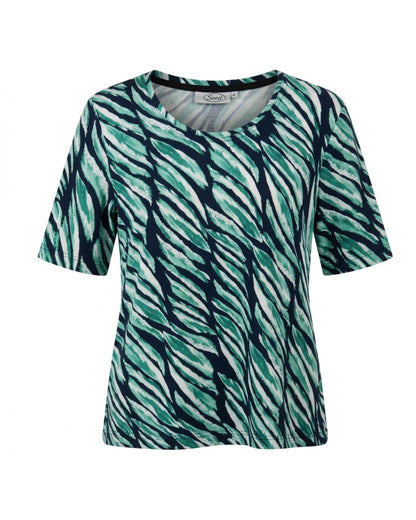 Sensia Fashion twinset met shirt en vest met rits in emeraldgroen en donkerblauw, verkrijgbaar bij Marijke Mode.