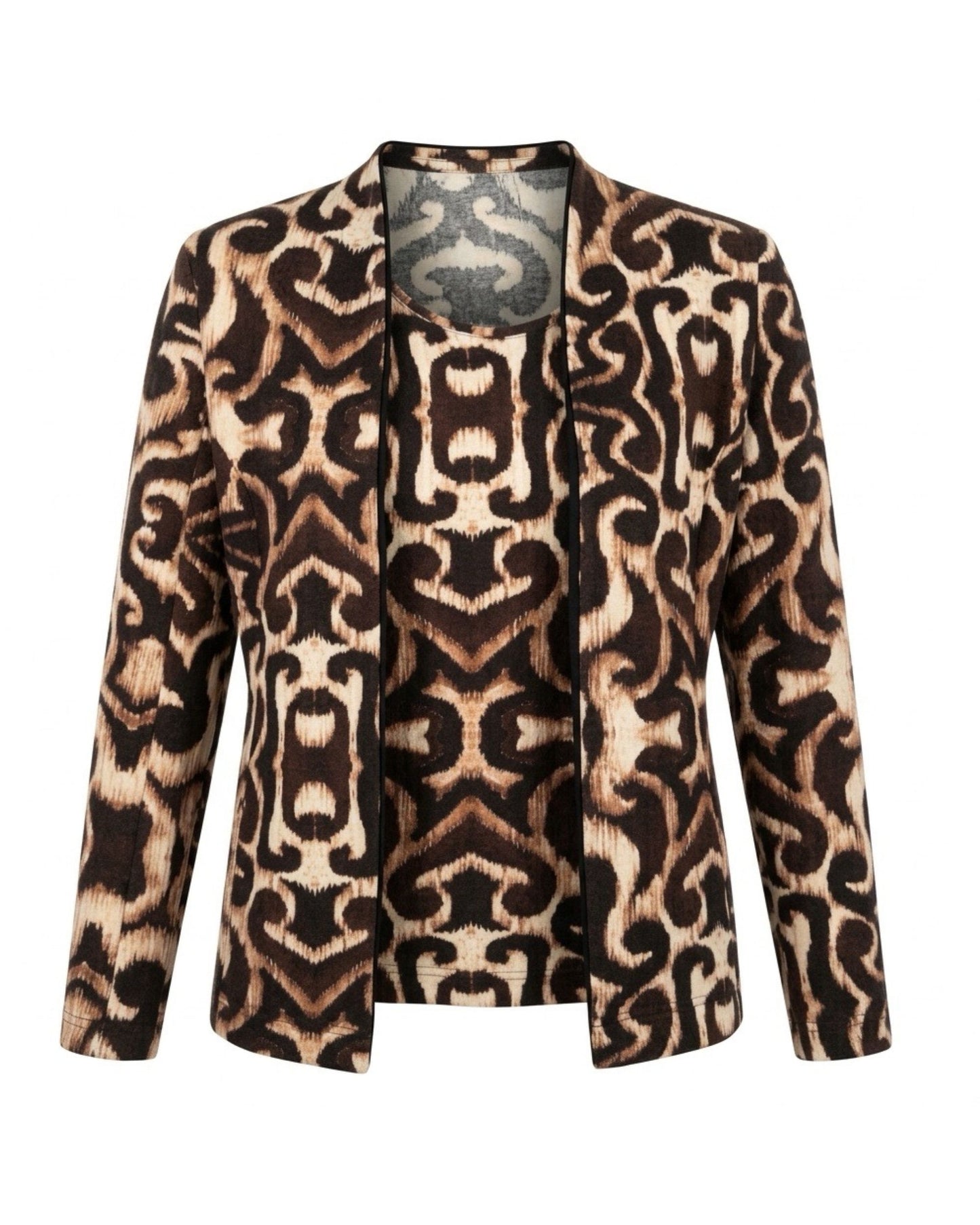 Sensia Fashion twinset Chantely met vest en shirt in een marine-zandkleurig fantasiedessin. verkocht door Marijke Mode