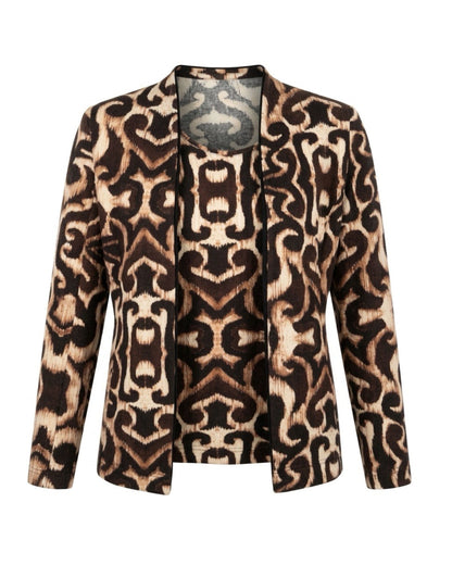 Sensia Fashion twinset Chantely met vest en shirt in een marine-zandkleurig fantasiedessin. verkocht door Marijke Mode
