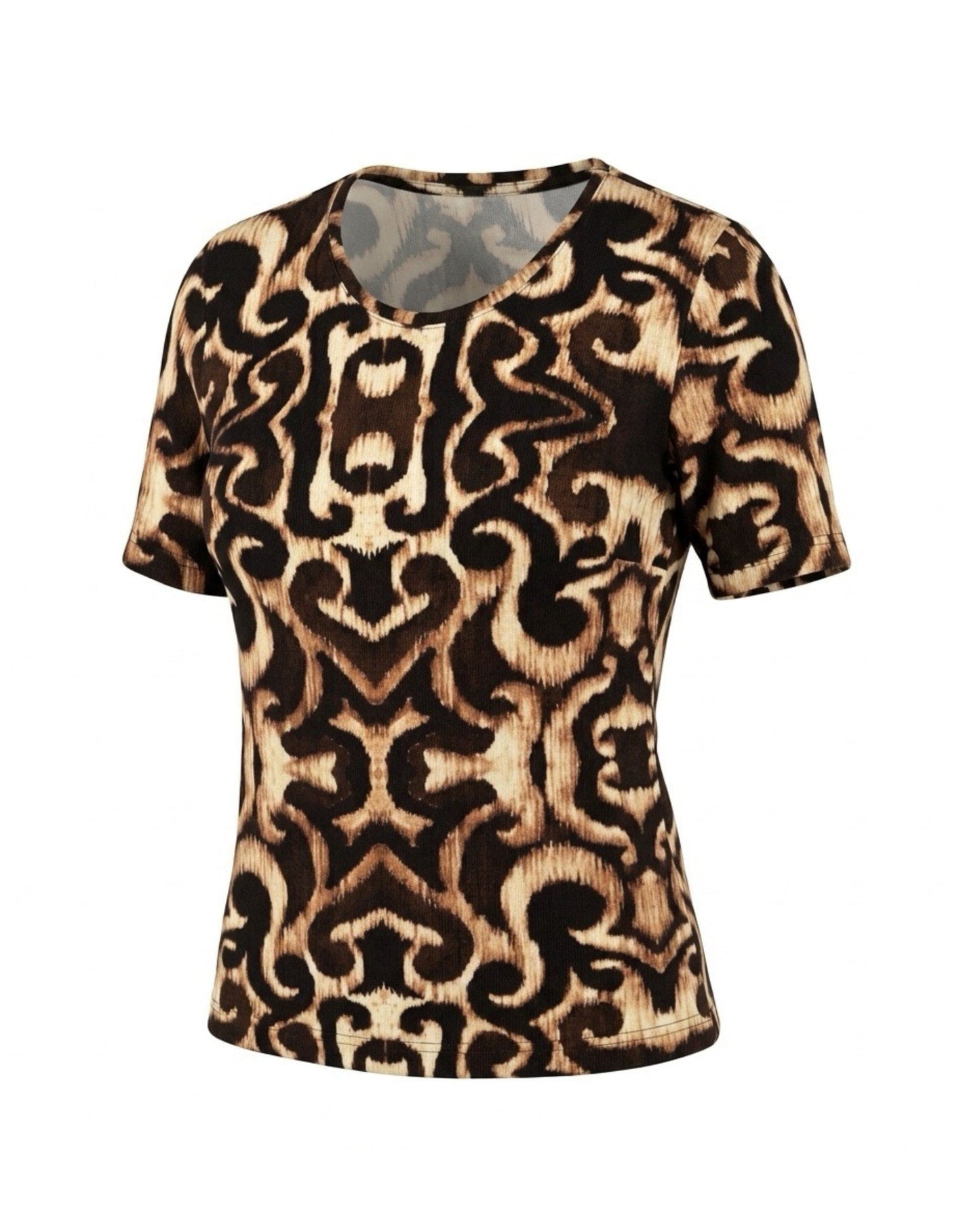 Sensia Fashion twinset Chantely met vest en shirt in een marine-zandkleurig fantasiedessin. verkocht door Marijke Mode