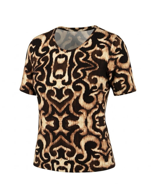 Sensia Fashion twinset Chantely met vest en shirt in een marine-zandkleurig fantasiedessin. verkocht door Marijke Mode