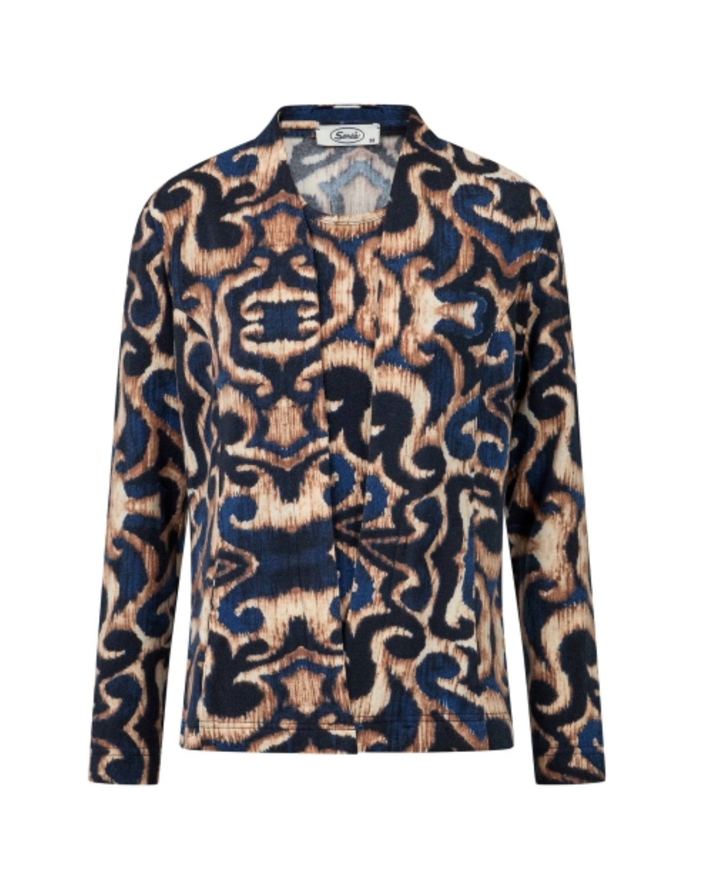 Sensia Fashion twinset Chantely met vest en shirt in een marine-zandkleurig fantasiedessin