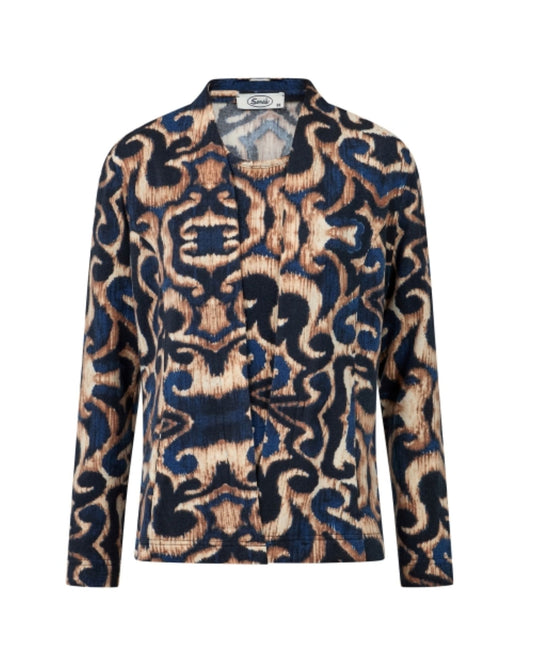 Sensia Fashion twinset Chantely met vest en shirt in een marine-zandkleurig fantasiedessin