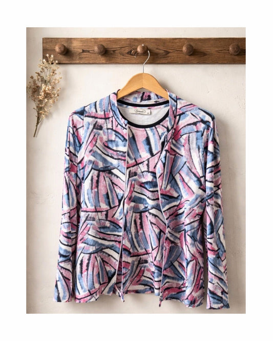 Sensia tweedelige twinset dames in vrolijke voorjaarskleuren – comfortabel vest en shirt | Marijke Mode