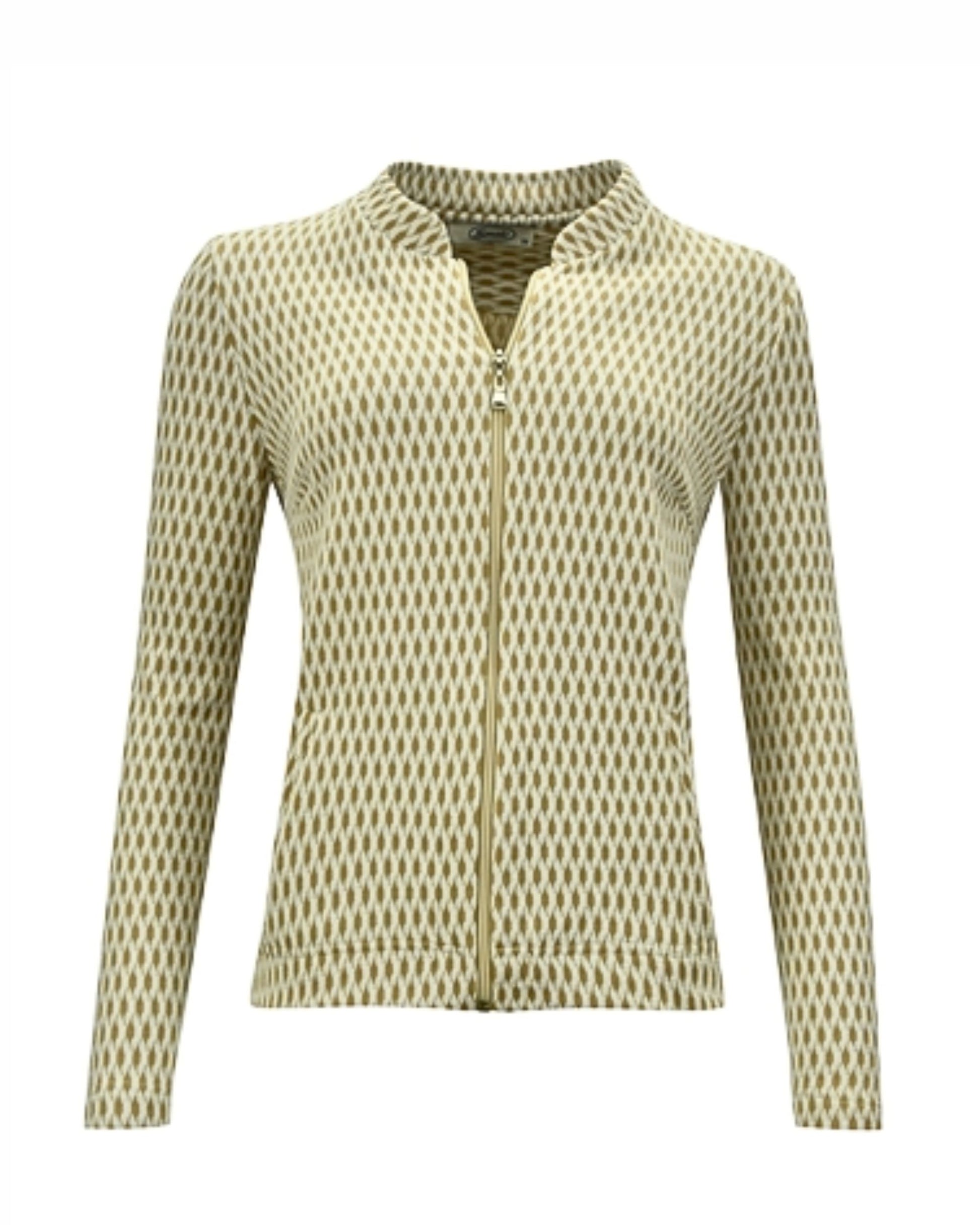 Sensia Fashion vestjasje licht camel ecru met reliëf wyber dessin, opstaand boordje en rits met steekzakjes – Verkocht Door Marijke Mode