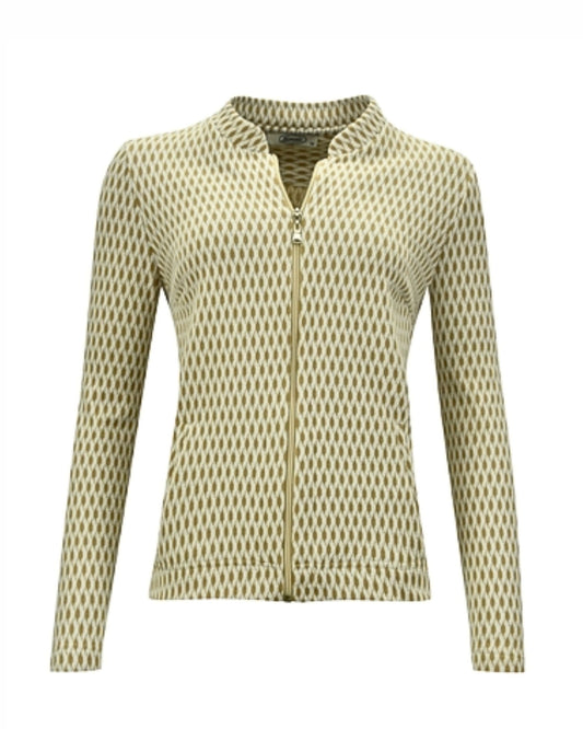 Sensia Fashion vestjasje licht camel ecru met reliëf wyber dessin, opstaand boordje en rits met steekzakjes – Verkocht Door Marijke Mode