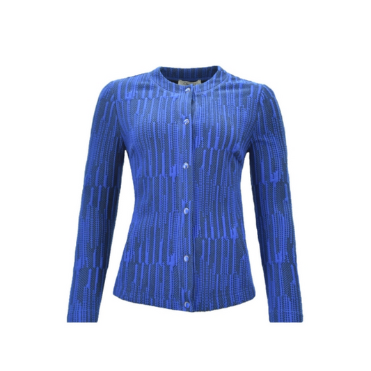 Sensia damesvest met jacquardbreisel in kobalt en zwart, lange mouwen en moderne verticale lijnenstructuur. bij marijke mode