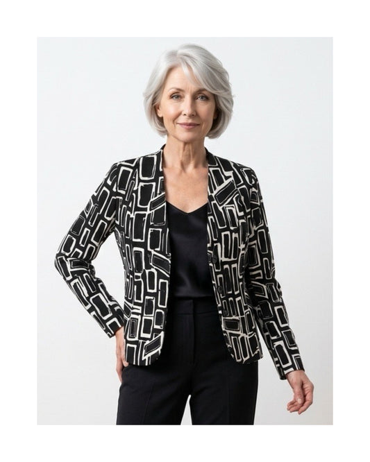 Sensia Fashion gevoerd blazerjasje dames zwart-wit met ronde hals en drie knopen – Marijke Mode