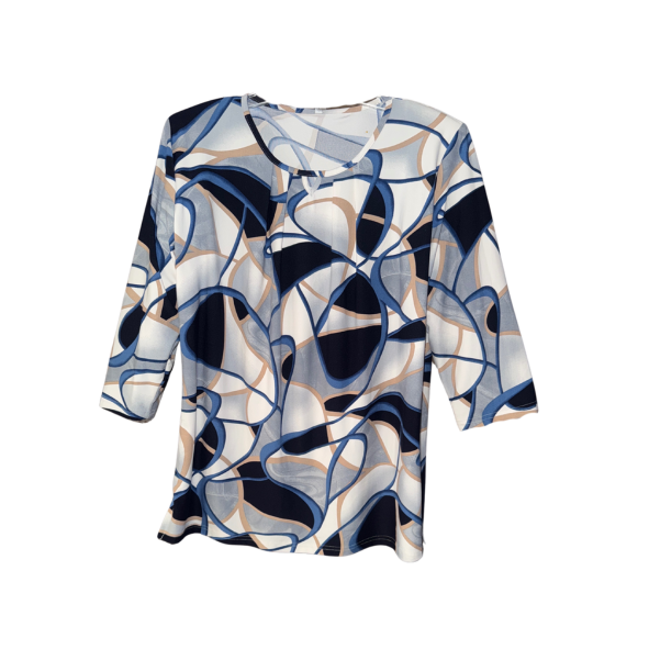 shirt driekwart mouwen van viscose ronde hals. kleurenblauw tinten. verkrijgbaar bij Marijke Mode