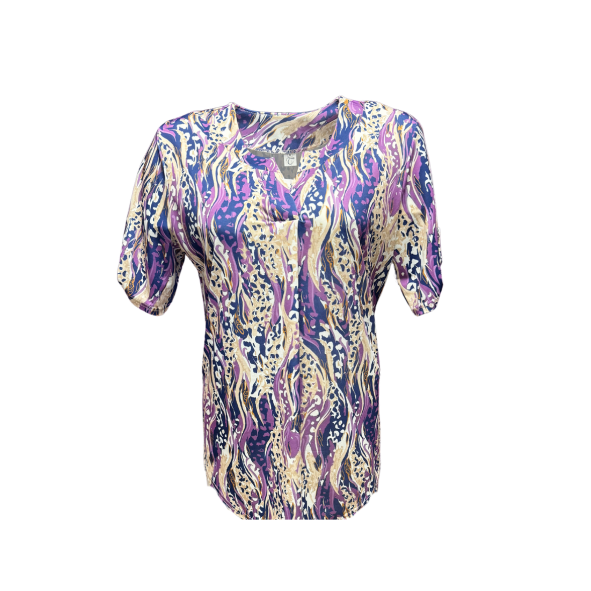 een shirt met korte mouwen in de kleuren paars en beige gemaakt van viscose. verkocht door Marijke Mode. Hippe dames mode den haag