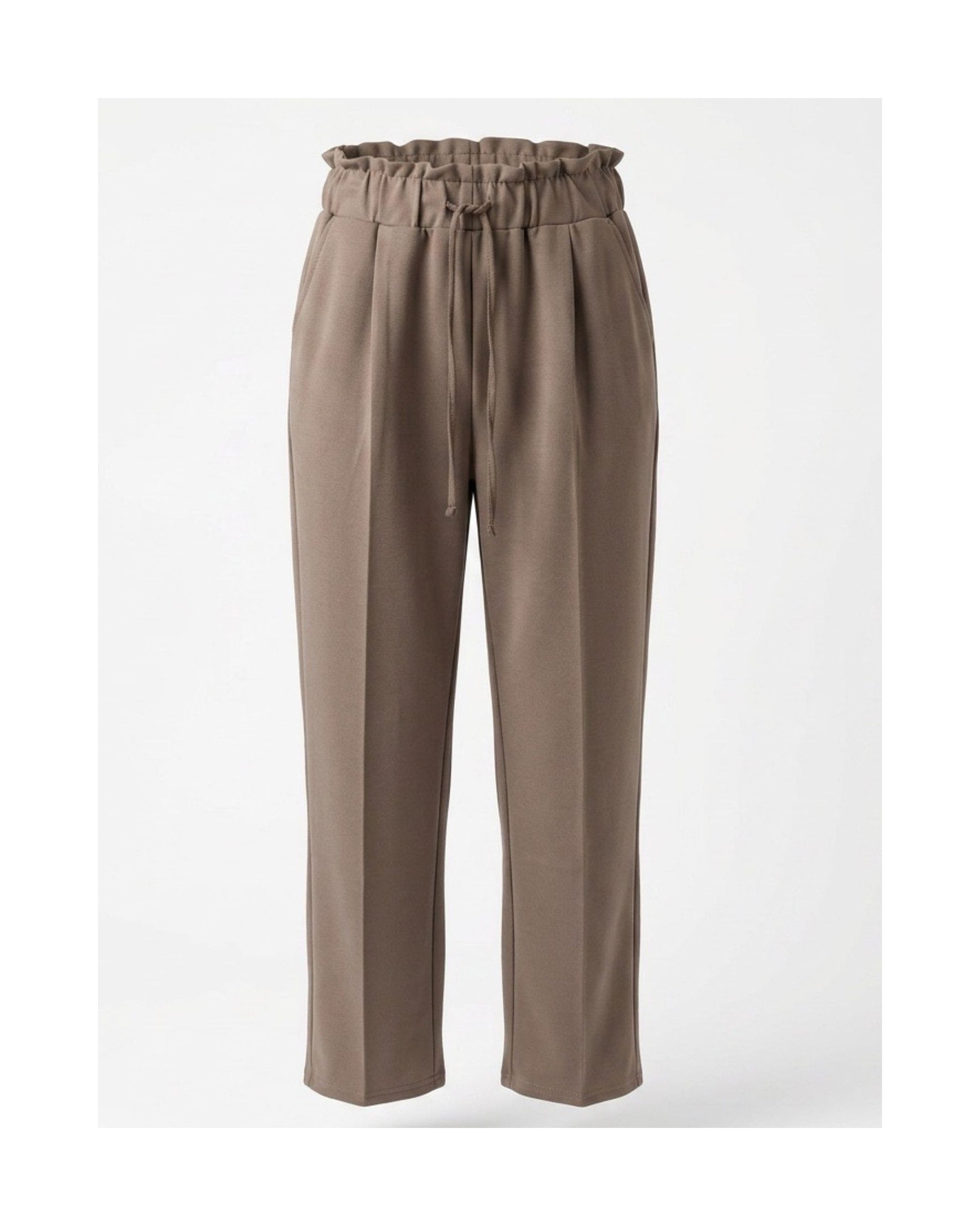 Basic pantalon van zachte travelkwaliteit met elastische band en trekkoord, verkrijgbaar bij Marijke Mode.
