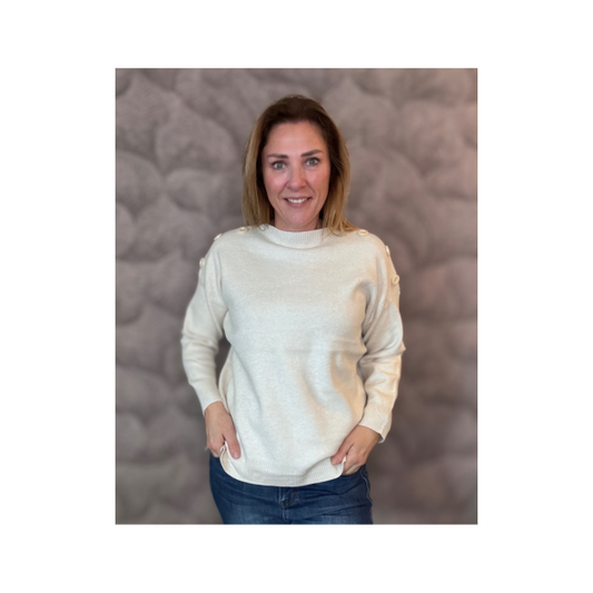 Sportieve uni kleur turtleneck trui met schoudersierknopen – one size – viscose – 60 cm ruglengte – Marijke Mode.”