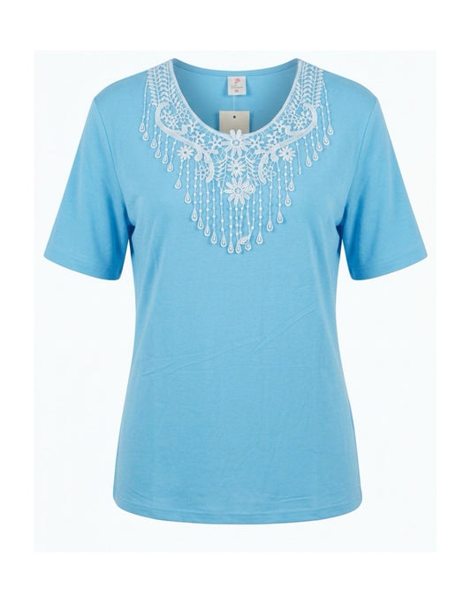 Basic katoenen T-shirt met ronde hals en korte mouwen verkocht door Marijke Mode