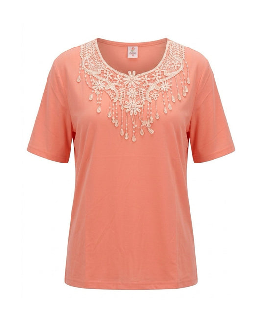 Basic katoenen T-shirt met ronde hals en korte mouwen verkocht door Marijke Mode