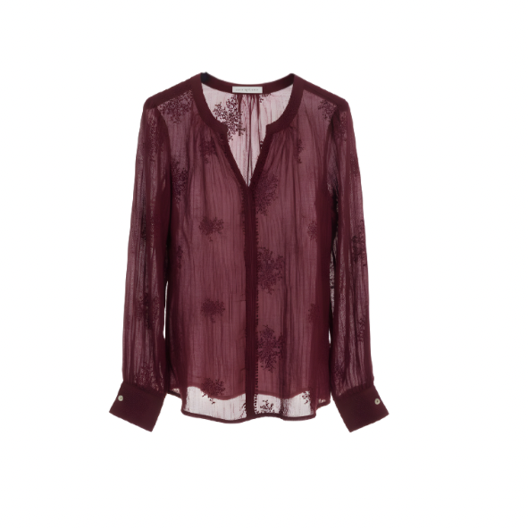 Bordeauxrode tuniek blouse met V-hals en lange mouwen van Marijke Mode