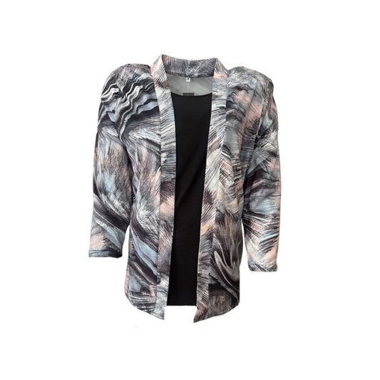2-in-1 twinset met effen top en dessin jasje, gemaakt van zachte viscosemix, luchtig en comfortabel, verkrijgbaar in diverse dessins bij Marijke Mode."